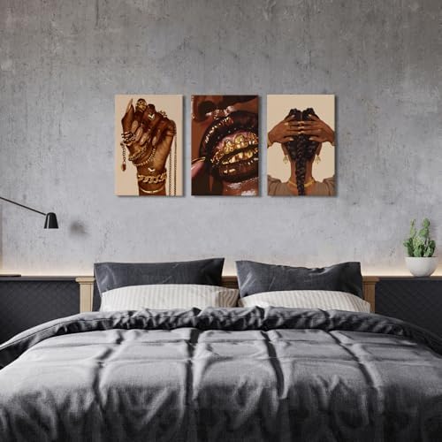 Black Girl Canvas Wall Art Living Room Modern Abstract Gold Jewelry Accessories Canvas Painting African Female Framed Artwork Woman Room Decor Living Room Bathroom Fashion Home Decorations 16x24 3Pcs - Image 2