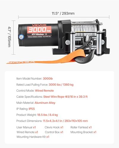 VEVOR 3000 lbs Electric Winch, 12V DC ATV/UTV Winch with Φ3/16 in x 39.4 ft Steel Wire Rope & Wired Remote Control, IP55 Waterproof, Aluminum Housing Fairlead Mount Plate for Towing ATV, Black - Image 7