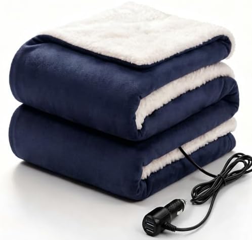 Sealy 12-Volt Heated Car Blanket, 2 USB Output Ports, 59"x43", Navy