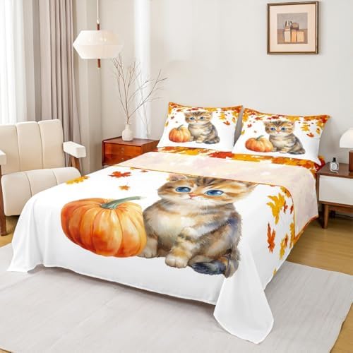 Cute Pumpkin Cat Bed Sheets King Kawaii Watercolor Cat Sheet Set For Kids Boys Girls Autumn Fall Maple Leaf Bedding Thanksgiving Harvest Seasonal Fitted Sheet Orange White Flat Sheet 2 Pillow Cases - Image 2