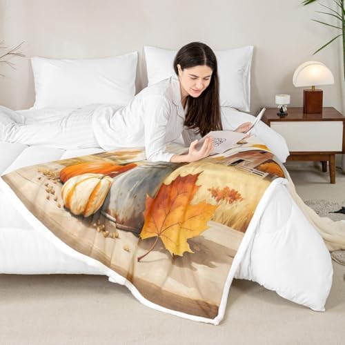 Fall Harvest Throw Blanket Farm Pumpkin Wheat Fleece Flannel Blankets Kids Boys Girls Room Decor Country Maple Leaf Bed Blankets for Bed Sofa Couch Orange Yellow Silvery Plush Blanket Twin 60"x80" - Image 4