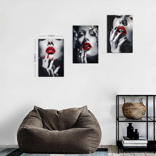 American Girl Canvas Wall Art Living Room Modern Abstract Women Red Lips Canvas Painting Fashion Female Framed Artwork Black and White Wall Decor for Woman Bedroom Bathroom Decoration 16x24 x3P - Image 4