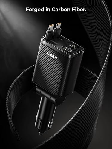 LISEN Retractable Car Charger USB C [Upgraded Dual Type C] 75W Fast 4 in 1 Car Charger for iPhone 17, Gifts for Him Her Men Women, Carbon Black