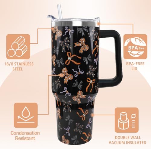 Halloween Tumbler with Handle 40oz Goth Skull Bow Candy Corn Spiderweb Coffee Travel Mug Stainless Steel Goth Insulated Cups Cute Halloween Decor Gifts - Image 6