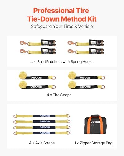 VEVOR Wheel Chock Tie-Down Kit, Tire-Style Trailer Tie Down Strap, Car Tie Down Kit with Spring Hook, Break Strength 10009 lbs & Working Load 3333 lbs Motorcycle System for ATV, SUV, Trailer