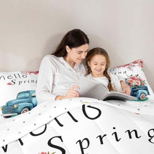 Spring Floral Truck Comforter Set Twin Size Kids Girls Boys Cartoon Watercolor Garden Plants Bedding Set 2pcs Cartoon Car Quilt Set Home Decor White Microfiber Duvet Insert,1 Pillowcase - Image 6