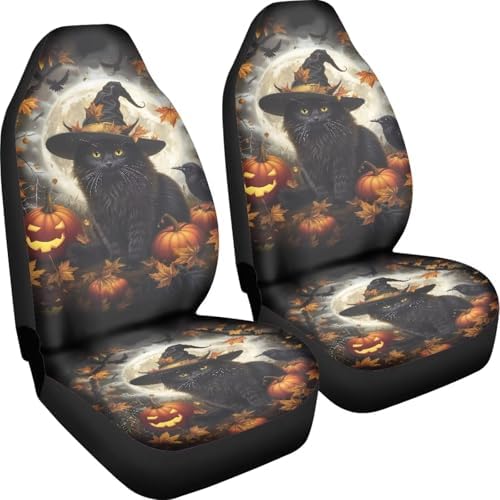 Talayituse Cat Pumpkin Witch Maple Leaf Print Car Seat Covers Front Set Car Seats with Elastic Band, Universal Fit Automotive Seat Covers Thanksgiving Halloween Decor for SUV, Sedan, Van