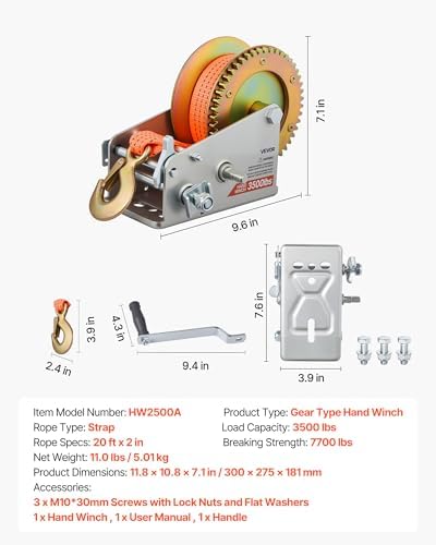 VEVOR Boat Winch, 3500 lbs Hand Winch, Heavy Duty Manual Rope Crank with 20ft Orange Polyester Strap, Portable Two-Way Ratchet, 2 Speed Switchable, Anti-Slip Handle Gear for Boat Trailer ATV Towing - Image 7