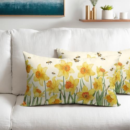 Spring Pillow Covers 12x20 Set of 2 Yellow Floral Throw Pillow Covers Rustic Flower Pillowcase Linen Decoration Farmhouse Soft Decorative Bee Summer Cushion Case Couch for Indoor Outdoor Home Decor - Image 2