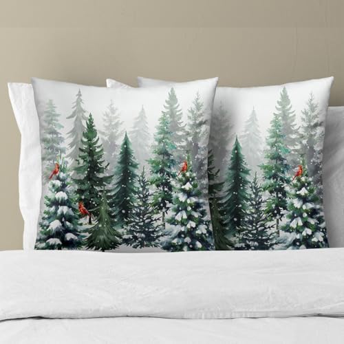 Winter Watercolor Snowflake Throw Pillow Covers 16X16 Inches Set of 2 Green Pine Tree Forest Red Bird Pillowcase Soft Cotton Square Cushion Covers for Home Sofa Bedroom Decoration - Image 3
