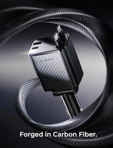 LISEN Retractable Car Charger USB C [Upgraded Dual Type C] 75W Fast 4 in 1 Car Charger for iPhone 17, Gifts for Him Her Men Women, Carbon Black