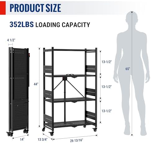 WORKPRO 4-Tier Folding Shelf, No-Assembly Metal Storage Rack with Wheels, 600 lbs Capacity (with Leveling Feet), Collapsible Shelving Unit for Kitchen, Pantry, Bathroom & Closet Organization - Image 3