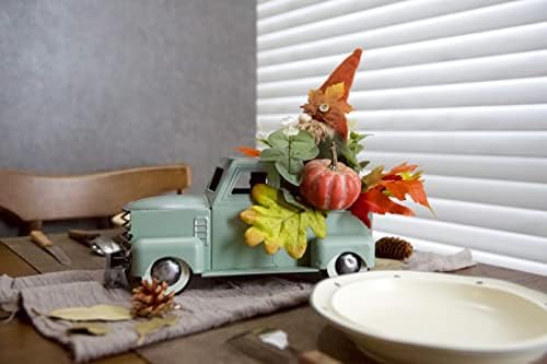 Vintage Turquoise Metal Truck with Gnomes Pumpkin Maple Leaf Farmhouse Table Top Fall Decor, Autumn Themed Thanksgiving Old Pickup Truck Decorations for Home Table Shelf, 12 inch - Image 5