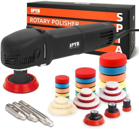 SPTA Mini Polishing Machine Buffer Rotary Polisher Auto Detailing Superpolish with 27Pcs Detail Polishing Pad Mix Size Kit Buffing Pad and 75mm ,100mm,140mm M14 Thread Extension shaft by SPTA