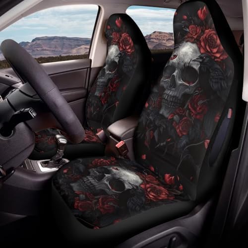 Bulopur Skull Red Rose Crows Front Car Seat Covers Waterproof Washable Auto Seat Covers High Back Airbag Compatible Auto Bucket Cushions Universal for SUV Truck Sedan, Easy to Install and Removable