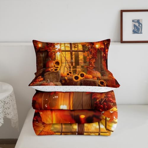 Feelyou Fall Bedding Set for Girls Boys Kids Toddler Size Maple Leaves Comforter Cover Room Decor Pumpkin Daisy Duvet Cover Dark Orange Quilt Set - Image 3