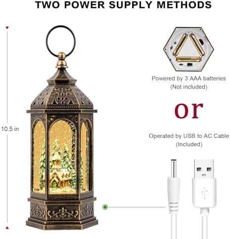 Christmas Snow Globe Lantern Lighted Holiday Village Church with Music& Timer, USB Lined/Battery Operated Lighted Lantern for Christmas Festival Decoration Gifts - Image 6