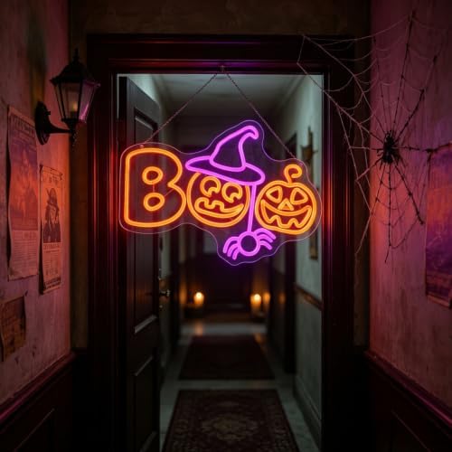 Pumpkin Witch Boo Neon Sign, Happy Halloween LED Light, 16.7"x12" - Image 3