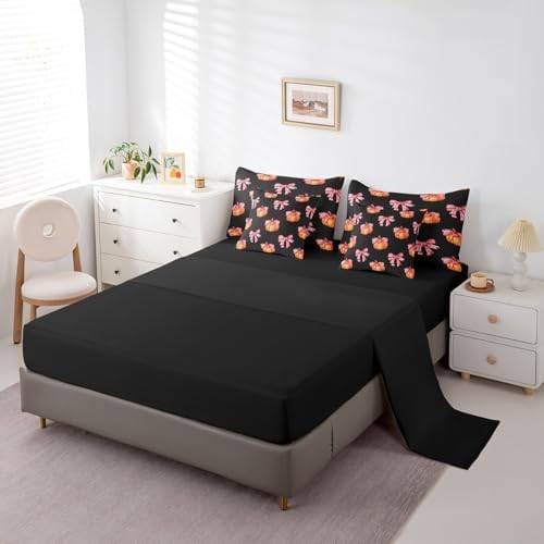 Erosebridal 7 Piece Girls Kawaii Fall Theme Bedding Set Full Bowknot Pumpkin Kids Bed in A Bag Watercolor Thanksgiving Comforter Set 7 Piece Cute Fall Pumpkin Sheet Set with Comforter - Image 4