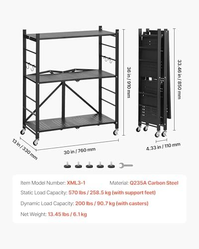 VEVOR 3-Tier Foldable Storage Shelf, 30W x 13D x 36H Inch Folding Metal Rack Shelving Unit, No Assembly Organizer Shelf with 5 Wheels & 4 Hooks for Pantry, Kitchen, Garage, Basement, Black - Image 3
