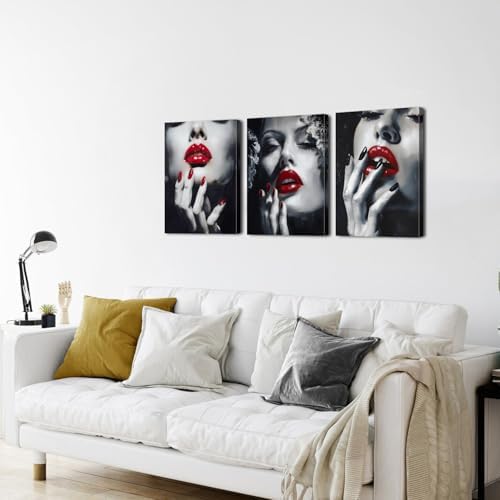 American Girl Canvas Wall Art Living Room Modern Abstract Women Red Lips Canvas Painting Fashion Female Framed Artwork Black and White Wall Decor for Woman Bedroom Bathroom Decoration 16x24 x3P - Image 6