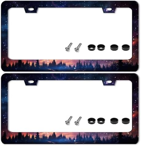2 Pcs Starry Sky Aurora Forest License Plate Frame Stainless Steel 6X 12 in