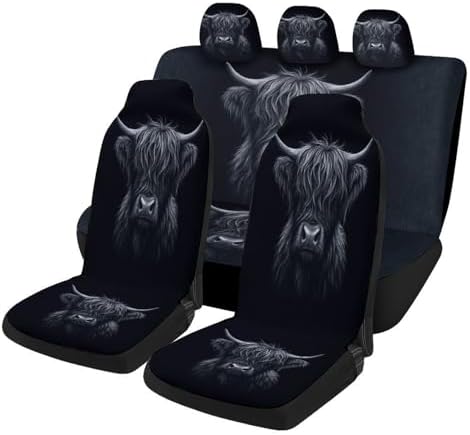 Highland Cow Pattern Car Seat Covers, Trendy Universal Car Seat Protector Full Set, Automotive Seat Covers for Front Seats Rear Seat Back Seat Gift (Black Highland Cow, Full Set)