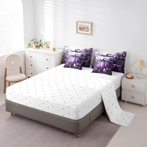 Erosebridal Kids Purple Pumpkin Full Bed in A Bag 7 Piece Halloween Spooky Ghost Bedding Set Gothic Spider Web Comforter Set for Boys Girls Adults,Halloween Horror Sheet Set with Comforter - Image 4
