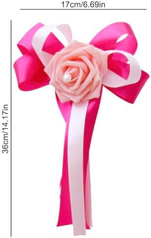 12 Pieces Wedding Car Flower Decoration Artificial Rose Flower with Ribbon Bows Wedding Aisle Chair Back Flowers Decor Car Door Handles Rearview Mirror Decorative Flower,Pink - Image 5