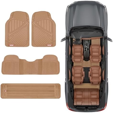 Motor Trend 3-Row Heavy Duty Rubber Floor Mats & Liners for Car SUV Van, Front 2nd & 3rd Row Durable Polymerized Latex Full Interior Protection, Extra-High Ridgeline Design, Beige