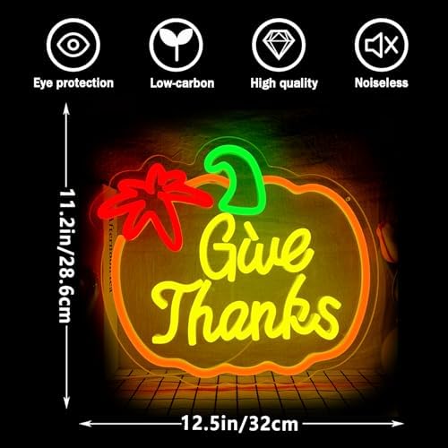 Thanksgiving Neon Sign Pumpkin Neon Signs Dimmable Fall Neon Sign for Wall USB Power Give Thanks Sign for Home Bar Salon Window Porch Front Door Thanksgiving Decorations - Image 6