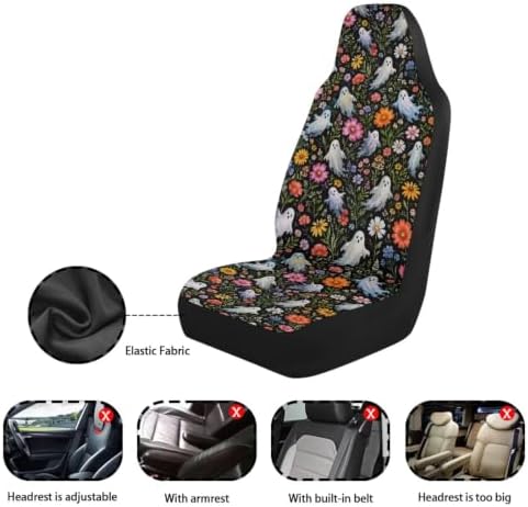 Talayituse Daisy Floral Ghost Print Car Seat Cover for Front Seats, Stretchy Soft Vehicles Seat Cover Universal Fit High Back Car Interior Accessories for SUV Van Sedan Halloween Decor