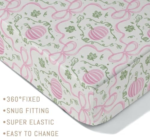 Fall Pink Pumpkins Bows Gingham Baby Crib Sheets for Girls Autumn Thanksgiving Harvest Soft Snug Fitted Crib Mattress Covers for 52''x28'' Standard Crib & Toddler Mattress Halloween Bed Sheets - Image 5