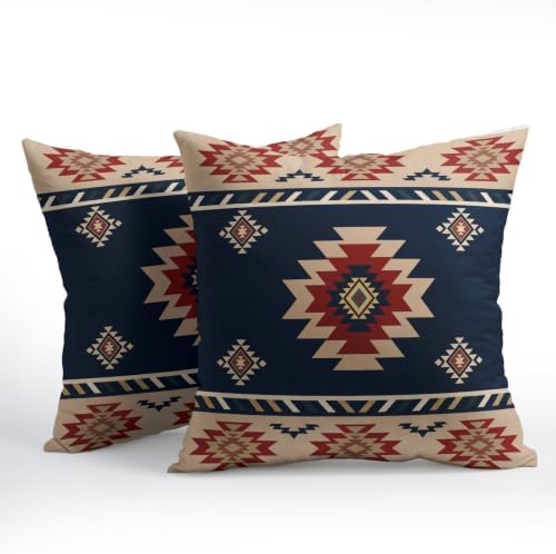 Sweetshow Blue Aztec Southwest Pillow Covers Set of 2 Linen 22x22 Inches - Image 2