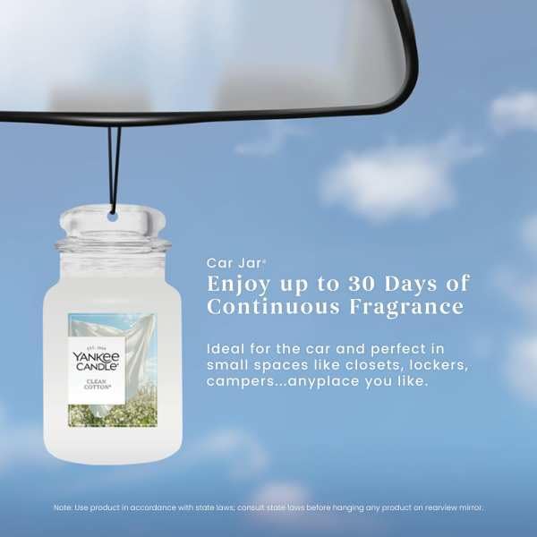 Yankee Candle Classic Paper Car Jar Air Freshener, Hanging Car Freshener, Long Lasting Odor Neutralizing Car Fragrance, Clean Cotton (Pack of 6)