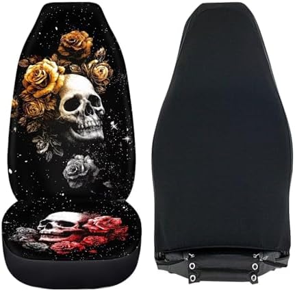 Bulopur Skull and Rose Car Seat Covers Front Seats Auto Drive Seat Covers 2 Pack Black Breathable Carseat Cushions Universal for Sedan SUV Truck Halloween Decorations