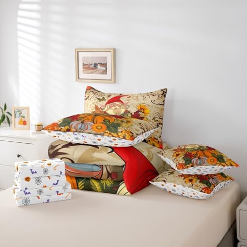 Fall Gnome Twin Comforter Set 7 Pieces Bed in a Bag Set,Thanksgiving Autumn Harvest Bedding Sets Twin with Maple Leaf Sunflower Pumpkin Decor Quilted Comforter,Flat Sheet,Fitted Sheet,Pillowcases - Image 5