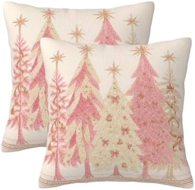 Pink Christmas Pillow Covers 18x18 Set of 2, Rose Gold Xmas Tree Print by KiuLoam