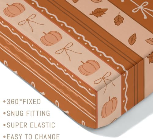 Orange Pumpkins Bows Stripes Baby Crib Sheets for Boy Girl Fall Autumn Leaves Soft Snug Fitted Crib Mattress Covers for 52''x28'' Standard Crib & Toddler Mattress Thanksgiving Harvest Baby Bed Sheets - Image 5