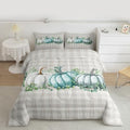 Erosebridal Pumpkins Comforter Set King Size Eucalyptus Leaves Bedding Set for Teens Kids Adult Fall Autumn Thanksgiving Harvest Vintage Down Comforter Blue Botanical Grid Bedroom Decor Quilted Duvet by Erosebridal