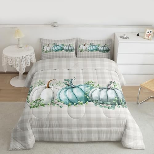 Erosebridal Pumpkins Comforter Set King Size Eucalyptus Leaves Bedding Set for Teens Kids Adult Fall Autumn Thanksgiving Harvest Vintage Down Comforter Blue Botanical Grid Bedroom Decor Quilted Duvet by Erosebridal