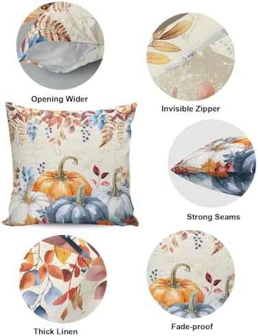 JasmineM Farmhouse Orange Blue Pumpkin Pillow Covers 18x18 Inch Set of 2, Thanksgiving Autumn Decorations Indoor Outdoor Throw Pillows, Orange Blue Linen Pillowcases for Patio Sofa Couch Bedroom - Image 6