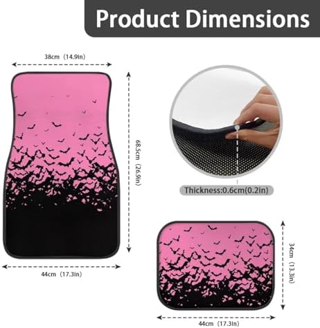Pink Black Bat Print Funny Halloween Car Floor Mats 4 PCS, Cute Durable Interior Accessories for Car SUV, All Weather Floor Mats with Front Rear Trunk Liners Set for Party