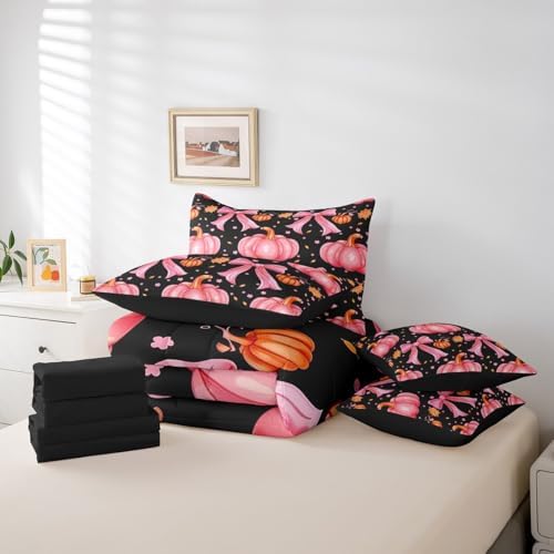 Erosebridal Cute Pumpkin King Bedding Set 7 Piece Kawaii Pink Bowknot Comforter Set for Kids Girls Teen Fall Thanksgiving Day Bed in A Bag Cute Autumn Floral Maple Leaf Sheet Set with Comforter - Image 6