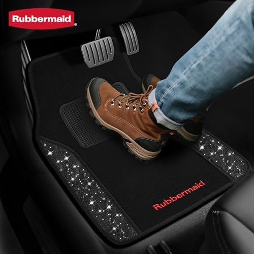 Rubbermaid Bling Car Mats, Carpeted Floor Car Mat with Faux Leather & Built-in Heel Pad, Two-Tone Car Rug Floor Mats, Stylish Carpeted Floor Mats for Cars, Trucks & SUVs Glitter Black Color