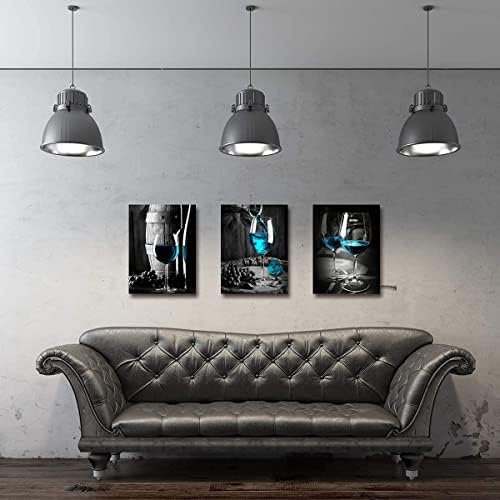 Turquoise Wine Wall Art for Kitchen Teal Wall Decor Living Room Gray and Black Wine Glass Canvas Pictures Dining Room Art Wall Decor Casks Posters Family Bar Modern Home Decorations 12x16" 3 Piece/Set - Image 4