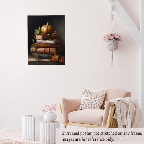 Vintage Pumpkin Still Life Wall Art – Antique Books with Fall Leaves Canvas Print,Dark Academia Autumn Aesthetic Poster for Reading Nook Decor 16x20in Unframed - Image 6