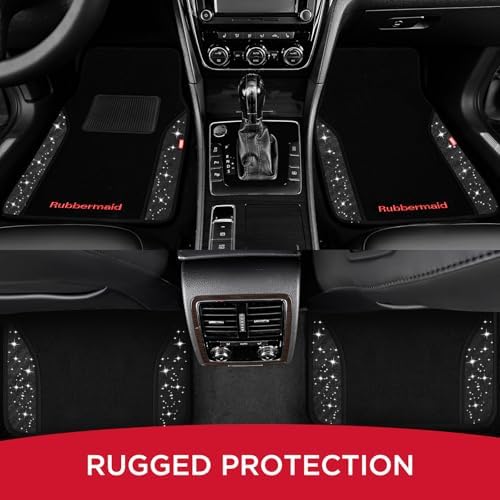 Rubbermaid Bling Car Mats, Carpeted Floor Car Mat with Faux Leather & Built-in Heel Pad, Two-Tone Car Rug Floor Mats, Stylish Carpeted Floor Mats for Cars, Trucks & SUVs Glitter Black Color