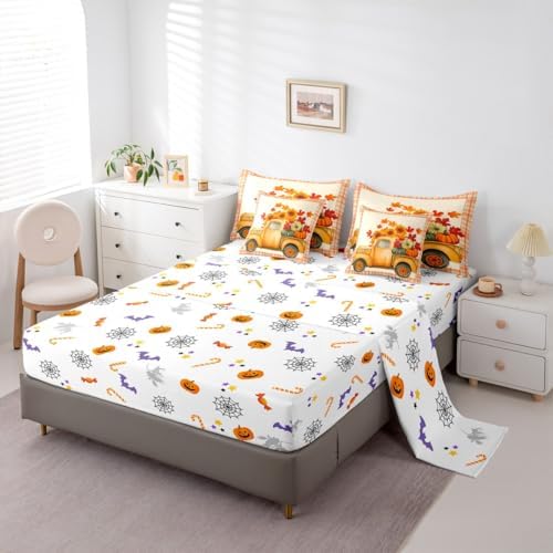 Thanksgiving Pumpkin Bed in a Bag 7 Pieces Full Size Comforter Set,Maple Leaves Truck Sunflower Bedding Sets Autumn Decor Farmhouse Fall Decor Bed Set with Comforter,Sheets,Pillowcases & Shams - Image 4