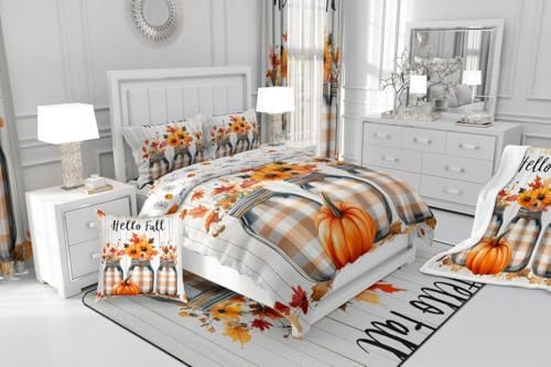 Erosebridal Fall Pumpkin Harvest Bedding Set King, Happy Thanksgiving Duvet Cover for Kids Teens Adult Bedroom, Sunflower Maple Autumn Leaves Comforter Cover Rustic Farmhouse Barn Door Bed Set - Image 7